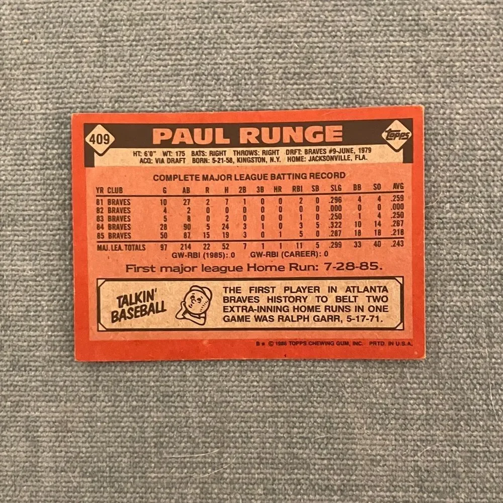 1986 Topps Atlanta Braves Baseball Card